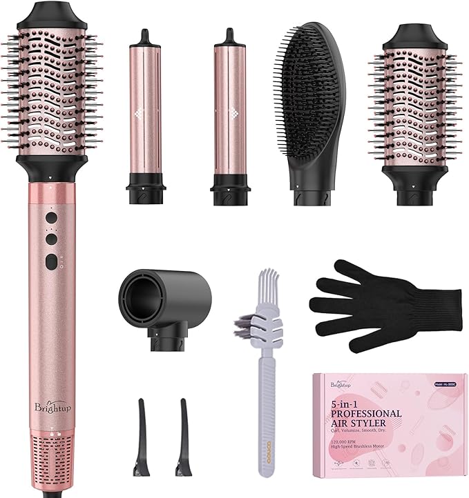 Hair Dryer Brush Set, 5 in 1 Hot Air Brush, Blow Dryer Brush Styler Tool with Straightener/Dryer/Curling, No Heat Damage, Pink