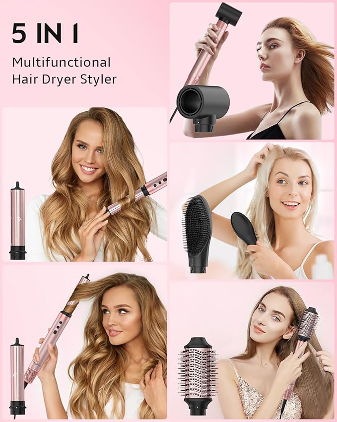 Hair Dryer Brush Set, 5 in 1 Hot Air Brush, Blow Dryer Brush Styler Tool with Straightener/Dryer/Curling, No Heat Damage, Pink